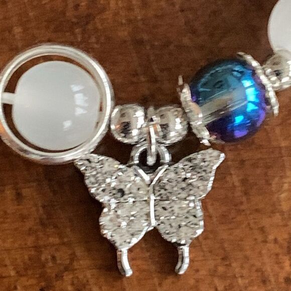 Milky White & Purple Beaded Bracelet with Butterfly Charm for Teens - Picture 4 of 7